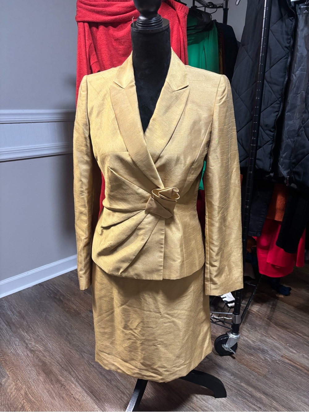 Tahari Metallic Gold Draped Knot-Front Blazer & Skirt Set